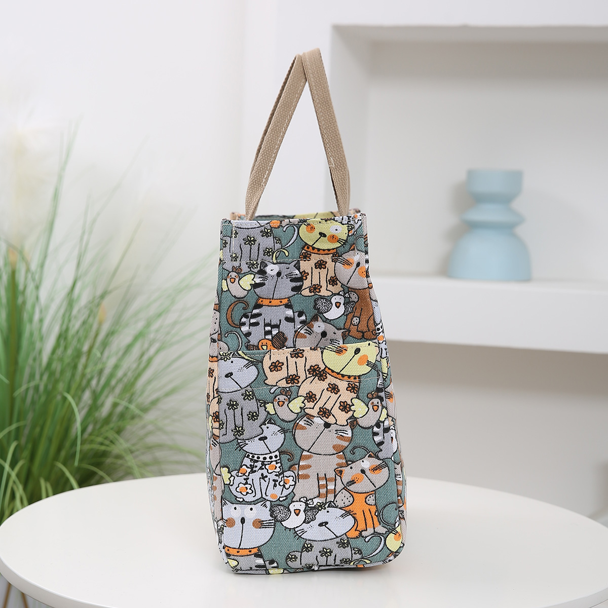 Bolsa de almuerzo con estampado de dibujos animados, bolsa Bento de lona portátil, bolso informal para mujer y bolso de mano para escuela, oficina, picnic