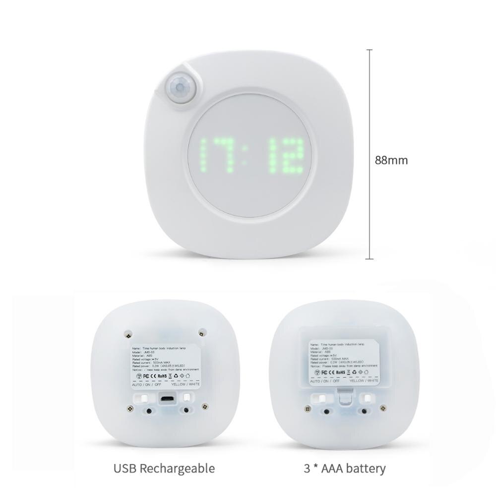 PIR Motion Sensor LED Clock Digital Display Rotate Dimmable Night Clock Lights White/ Warm White USB/Battery Powered Wall Clock