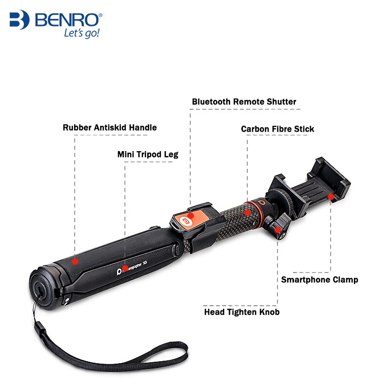 BENRO SC1 inalámbrico Bluetooth fibra de carbono flexible selfie stick Mesa trípode para iphone X acción cámara Gopro Sumsang pk smooth4