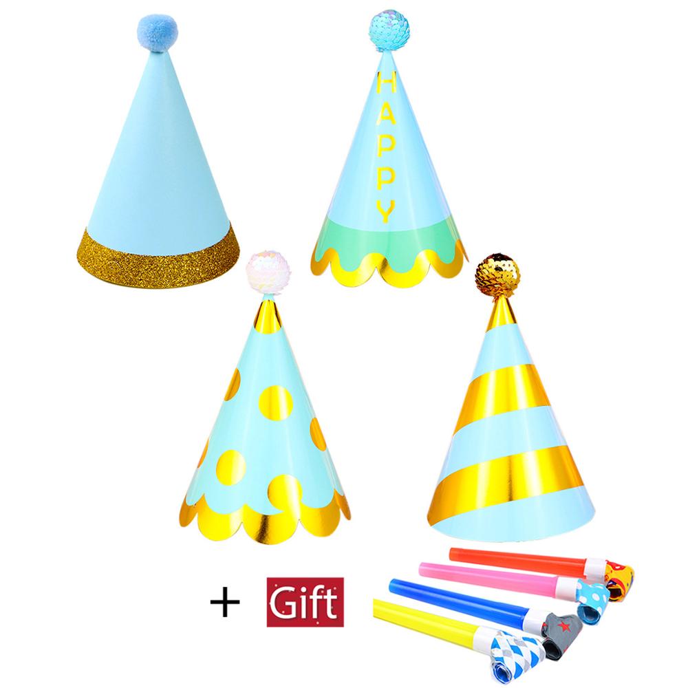 4 unids/set bebé chico gorro de papel de cumpleaños niño niña gorros de de cumpleaños festivo decoración sombrero dar dragón soplador silbato suministros