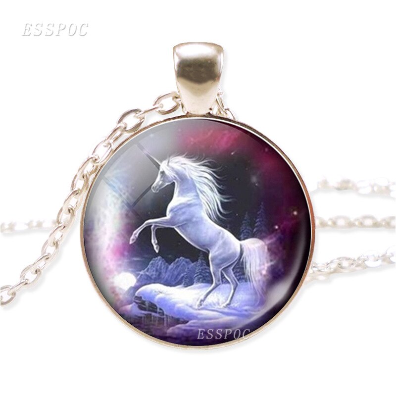 NPKDS di Modo Nuovo Collana In Lega di Zinco di Vetro Del Pendente Rotondo. Unicorn Tempo Gioiello Della Catena Del Maglione Preferito Regalo Di Compleanno: Purple gas unicorn