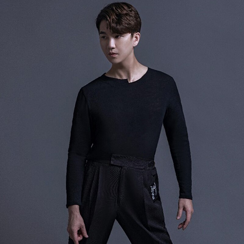 Latin Dance Tops Men Rumba Cha Cha Samba Tango Latin Dancing Practice Clothing Adult Long Sleeved Round Neck Shirts DN6253: Black / S