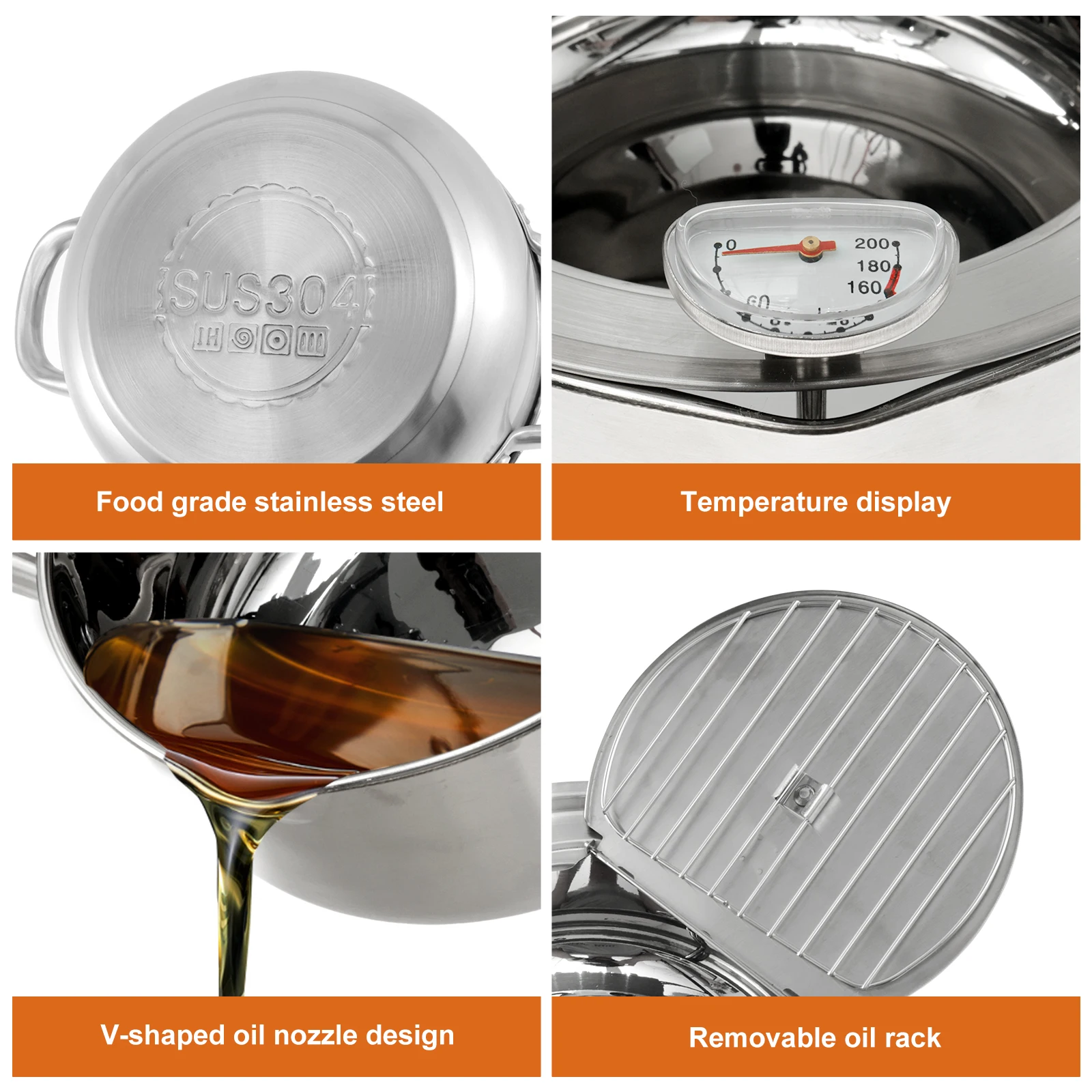 Deep Fryer with Thermometer and Oil Drip Drainer Rack Stainless Steel Frying Pot Multifunctional Japanese Style Deep Fryer Pot