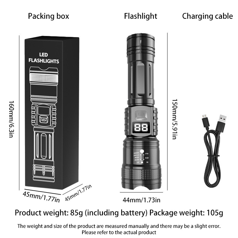 Xiaomi High Power LED Flashlight Rechargeable Flashlight With Side Light Super Bright Long Shot Outdoor Camping Hiking Emergency: black