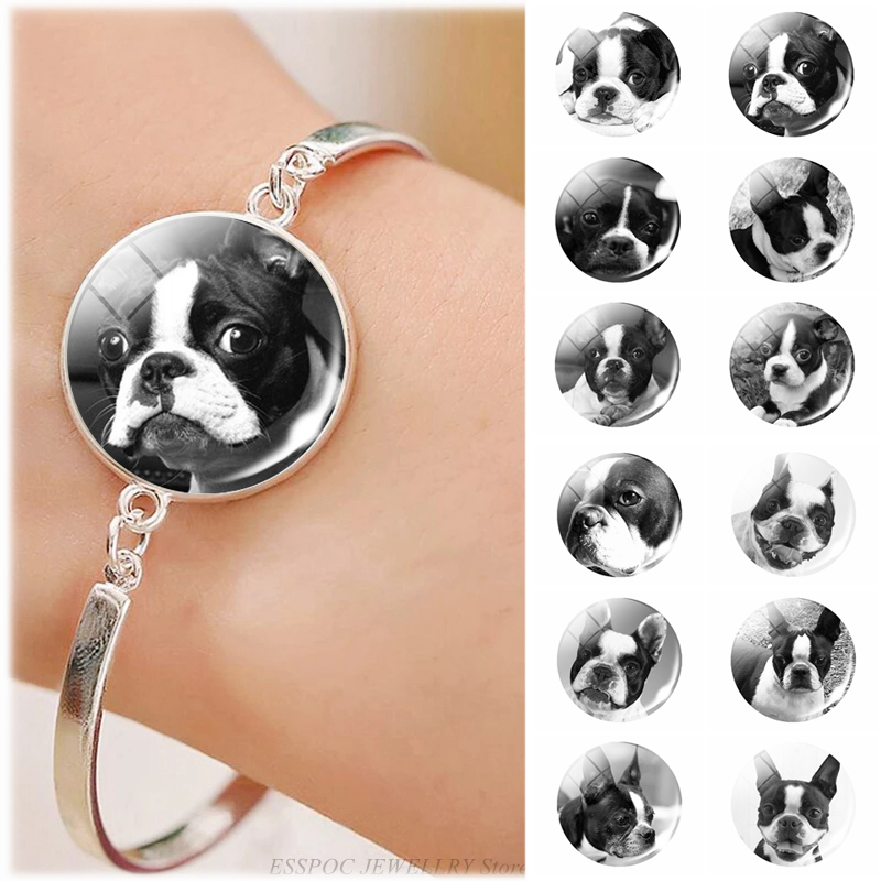 1pc Bulldog de Metal de Color plata Pulsera Retro Animal perro Cabochon de vidrio de bisutería con de barras brazalete de las mujeres accesorios