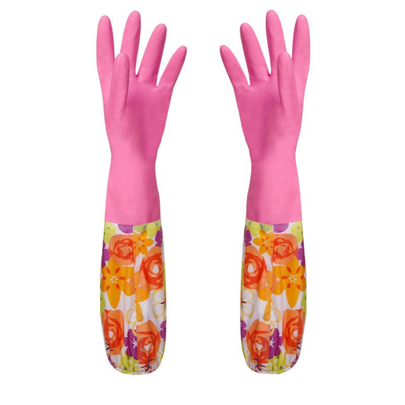 Blomst gummi fløjl lange handsker husholdningshandsker antiskid husholdning opvask rengøringshandsker: Rosenrød