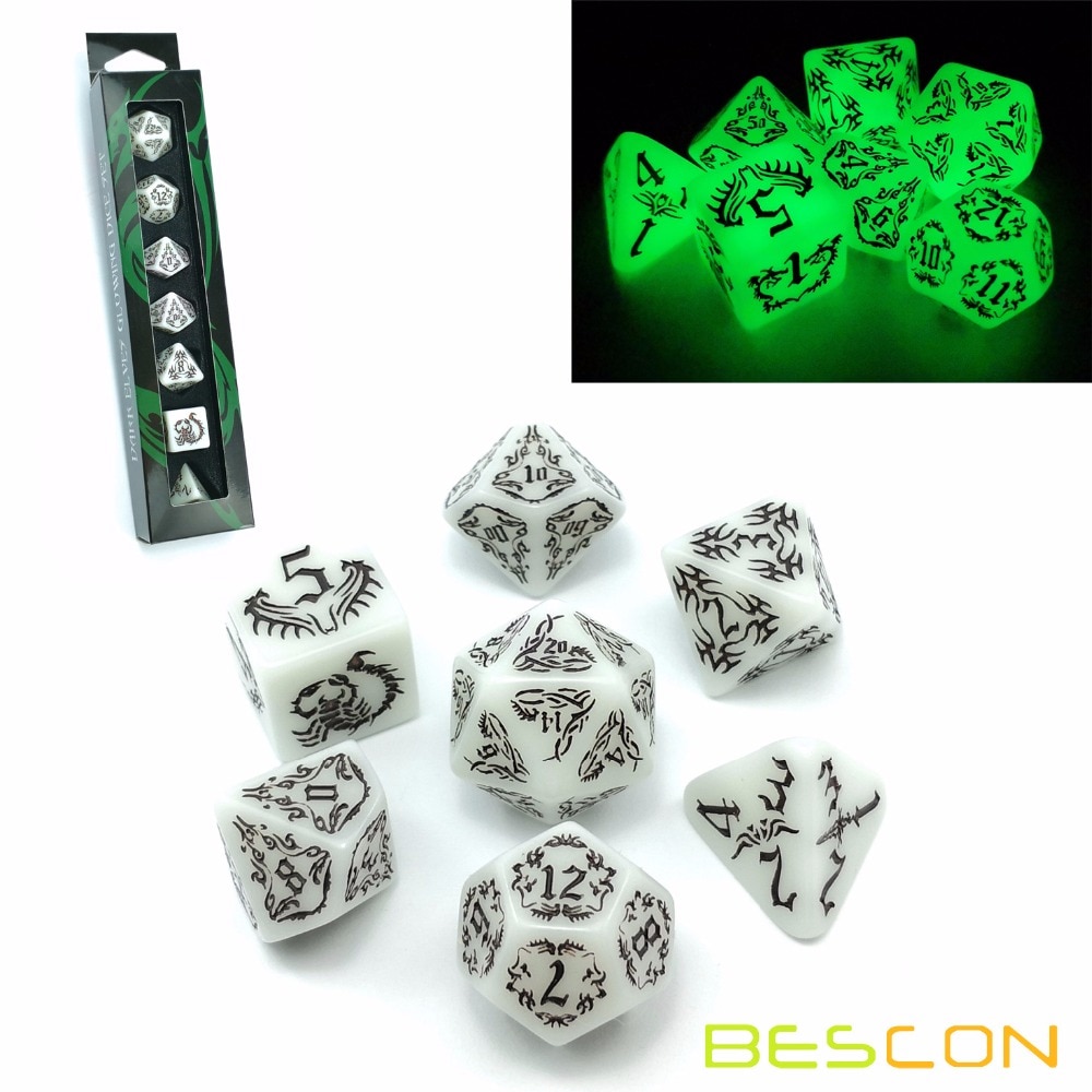 Bescon Dark Elves Glowing Dice Set (7 Stuk), oversized Glow In Dark Gesneden Role Playing Games Rpg Dobbelstenen Set