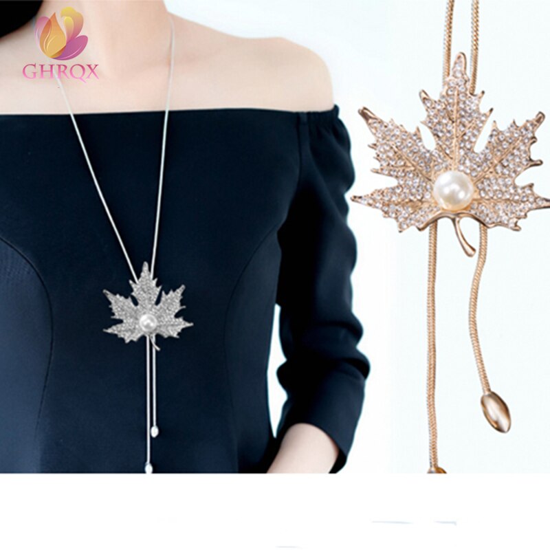 Heet Verkoop Mooie Maple Leaf Lange Kralen Ketting Kwast Hanger Ketting Vrouwen Office Lady Imitatie Parel Sieraden Cadeaus 035