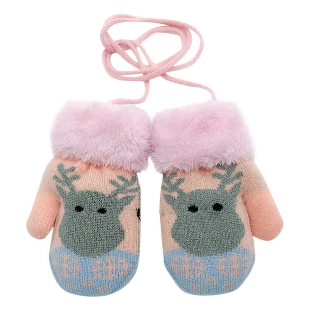 Arloneet Baby Handschoenen Katoen Cartoon Herten Print Winter Thicken Handschoenen Gebreide Meisjes Jongens Kids Hoofdbanden Opknoping Wanten Handschoenen