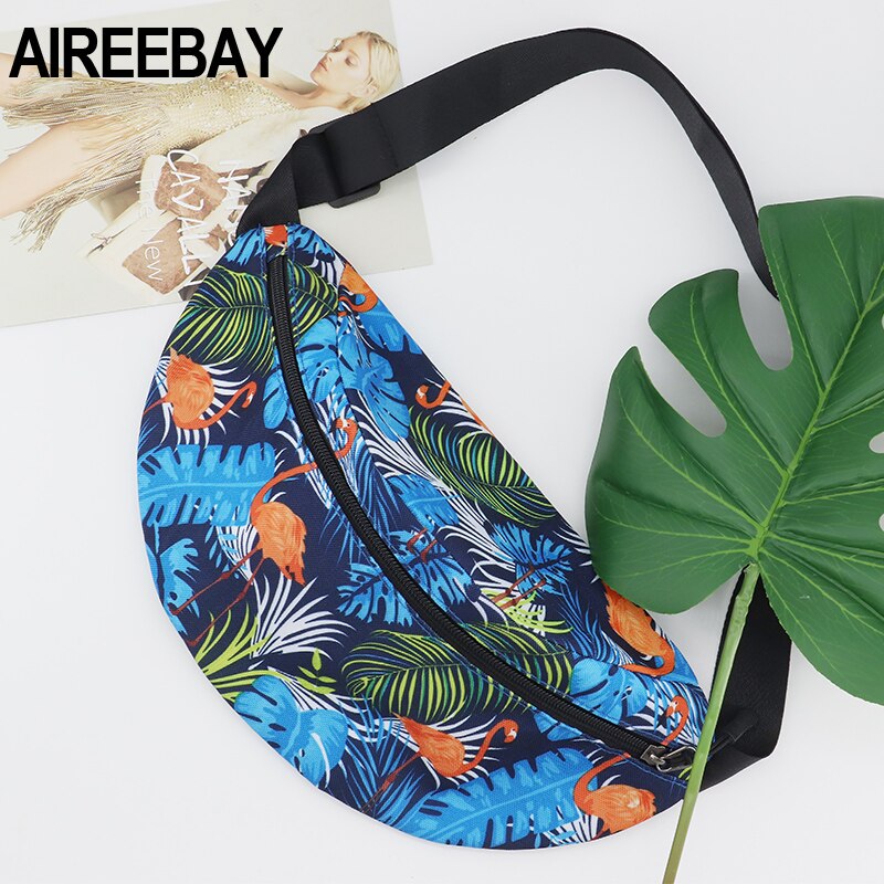 AIREEBAY Printed Leaf Women Waist bags Large Capacity Canvas Fanny Pack with Zipper Female Casual Travel Banana bags