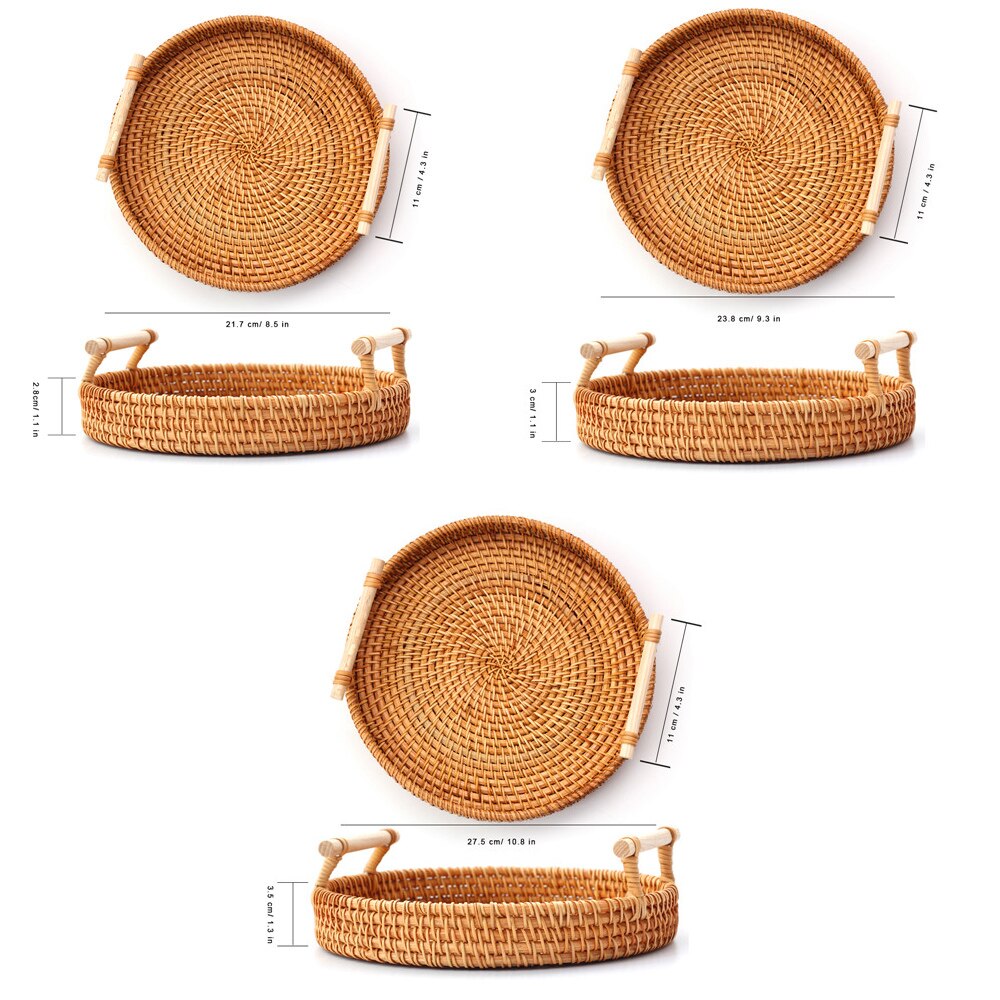 Ronde Rotan Lade Brood Mand Fruit Taart Plaat Dienblad Houten Storag Servies Rieten Trays Met Handvat Decoratie