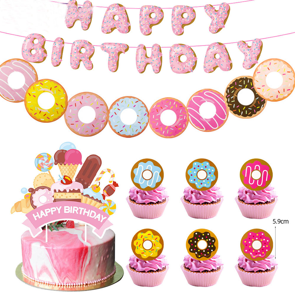 Adorno para tarta de cumpleaños con forma de donut para bebé, primer año, dos dulces decoración para magdalenas