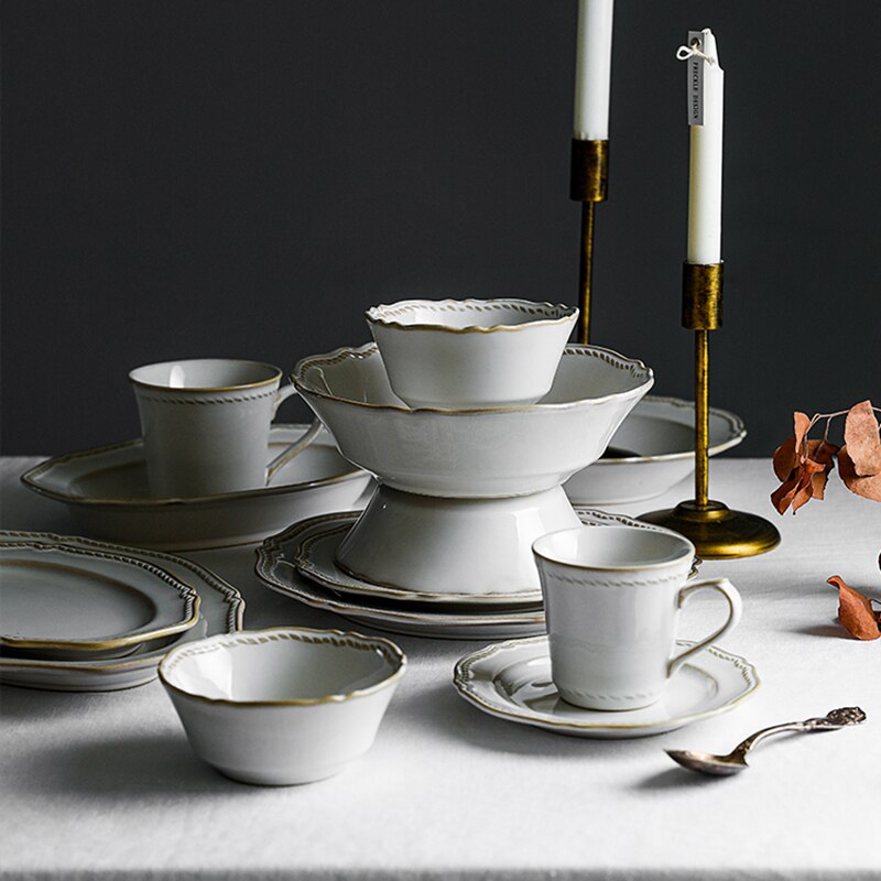 Retro Embossing Bone China Dinner Plates Flower Shape Wedding White Charger Plate Bowls Dishes and Plates Sets Kitchen Supplies