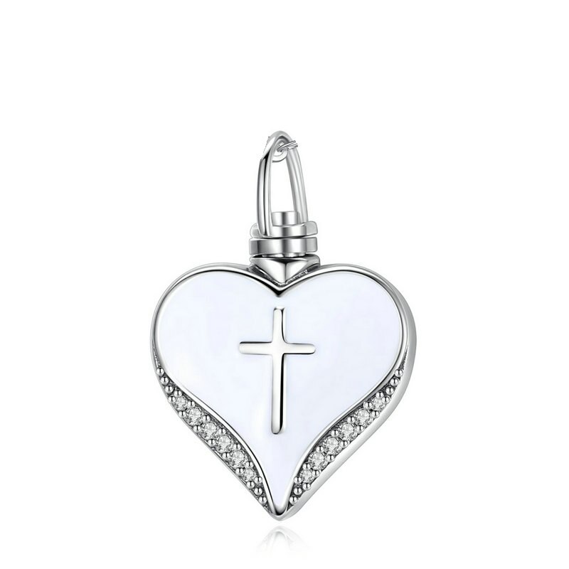 1pc Sterling Silver Heart Cremation Urn Necklace Ash Jewelry Memorial Keepsake Cross Pendant Forever in my heart CZ Necklaces G1: only pendant