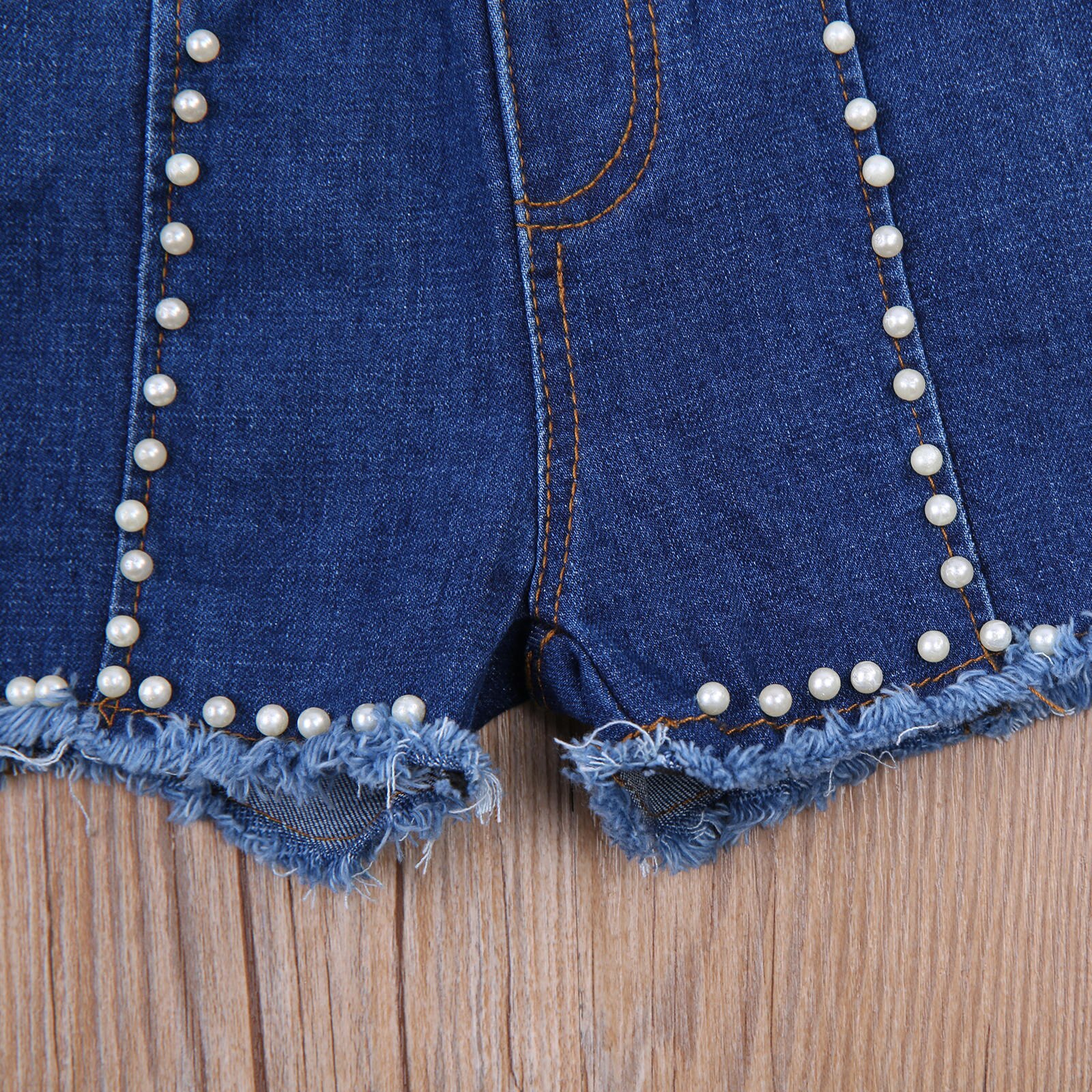 Aankomst Kinderen Meisje Broek Denim Shorts Zijzakken Decoratieve Parel Kralen Ruwe Zelfkant Bodems Shorts
