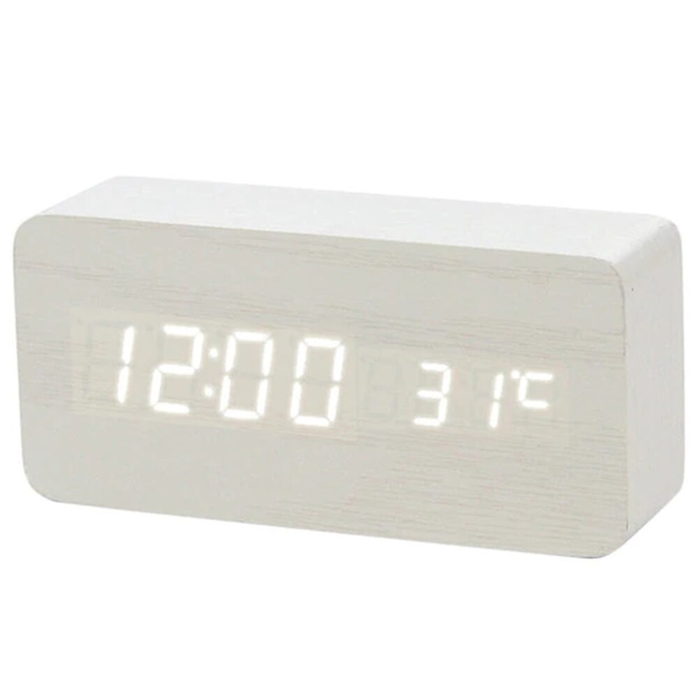 reloj despertador LED con Control de voz, termómetro Digital, retroiluminación de madera, reloj Retro brillante, mesa, Despertadores luminosos: White Number White