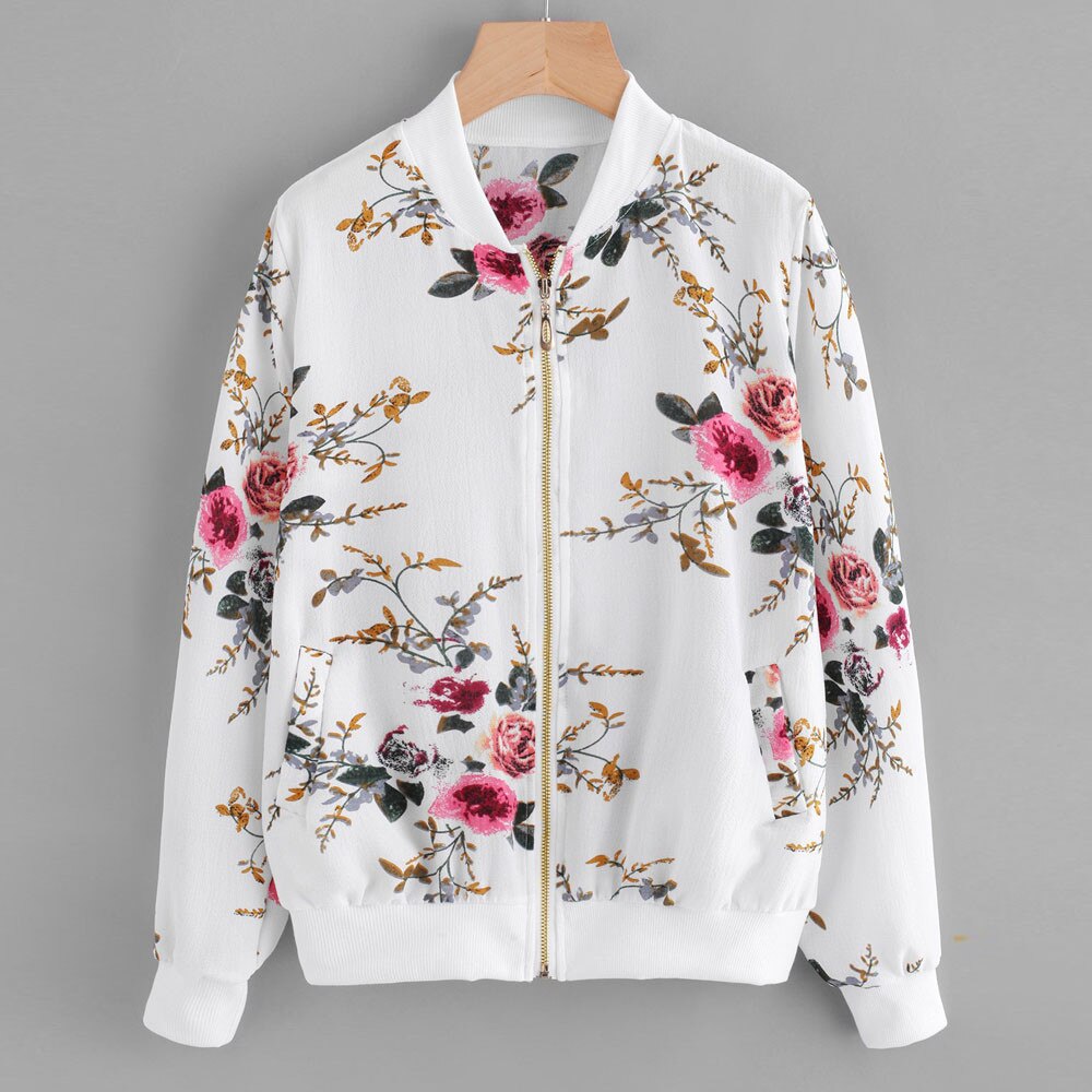 2021 newwomens retro floral impressão zíper up bomber jaqueta casaco casual outwear bk/tiro salehigh qualidade: White  / M