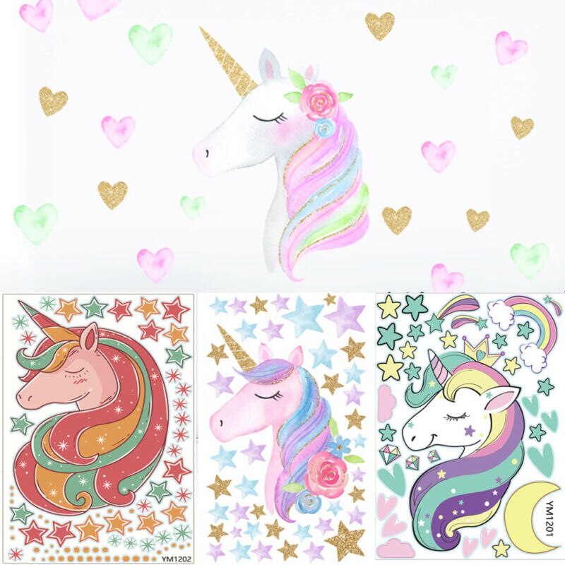 Muursticker met regenboog eenhoorn, meisjeskamer, muursticker, kunst, kinderkamer, woondecoratie