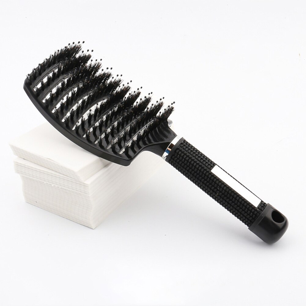 Cepillo de pelo de jabalí, peine de pelo curvado con ventilación, cepillo para desenredar el cabello grueso, masaje, cepillo de secado, peine de arbusto para el cabello: Black