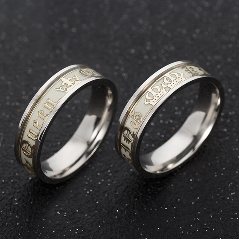 Luminous Titanium Steel Couple Ring Golden Crown Her King His Queen Husband and Wife Jewelry Anniversary Valentine's Day