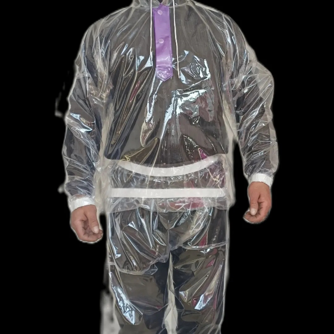 Doorzichtige, transparante hoodie met lange mouwen en capuchon, waterdicht en regenbestendig, met bijpassende broek, live show danskostuums, hiphop, plastic love