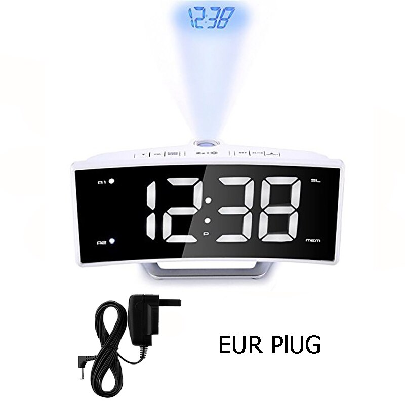 Spiegel Fm Radio Wekker Led Digitale Elektronische Tafel Projector Klok Bureau Nixie Projectie Wekker Met Tijd Projectie: White EUR plug