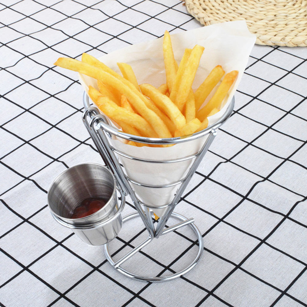 Stainless steel French Fry Stand Cone Basket Holder for Fries Fish and Chips and Chicken Nuggets with a seasoning cup