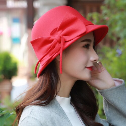 Herbst Winter Wolle Boater Flache Top Hut Für Frauen Filz Breiter Krempe Fedora Hut Jazz Kappe Klassischen Bowler Gambler top Hut: Red bow