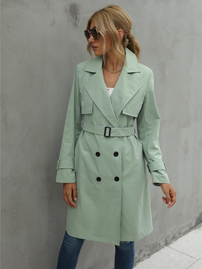 Women Casual Solid Color Coat Adults Autumn Elagant Long Sleeve Lapel NeckDouble Breasted Belted Trench Coat