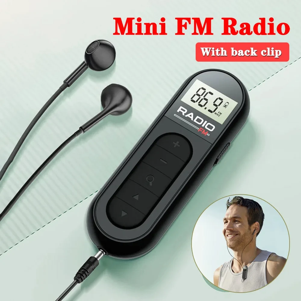 Mini Radio FM de bolsillo, receptor de Radio portátil de 76-108MHZ con retroiluminación, pantalla LCD, auriculares con cable de 3,5mm, compatible con carga tipo c