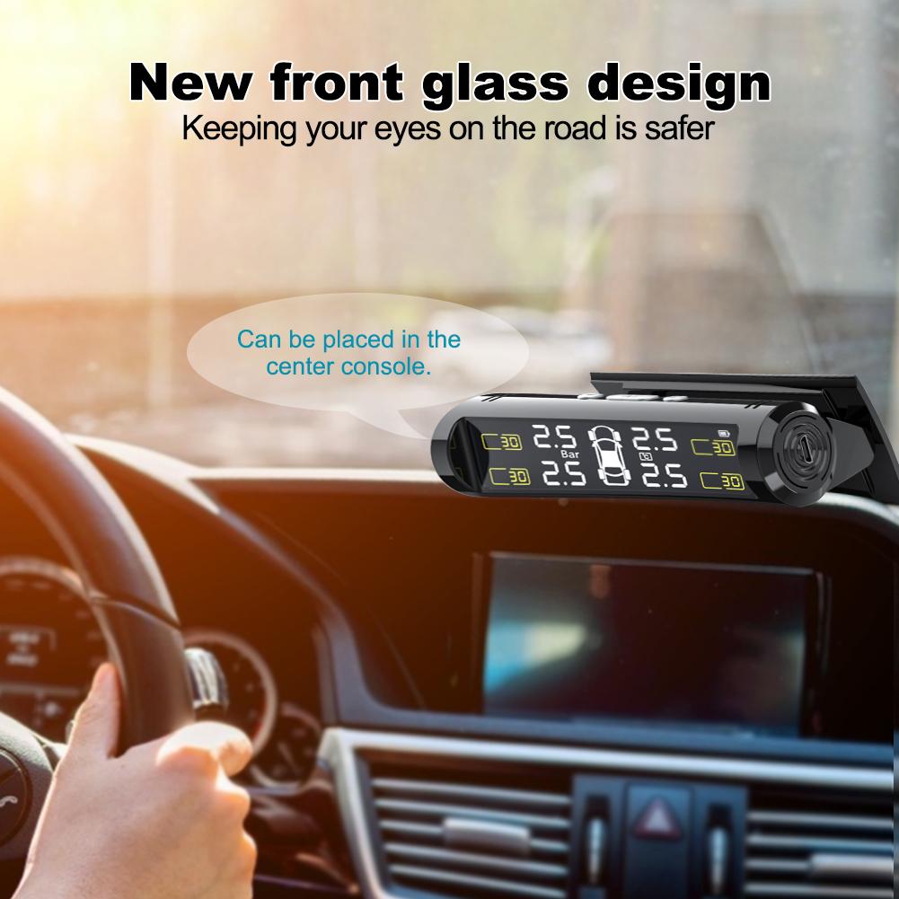TPMS Automatic Brightness Control USB&Solar Charging Car Tire Wireless Pressure Monitor System Adjustable LCD 4 Tire Sensor
