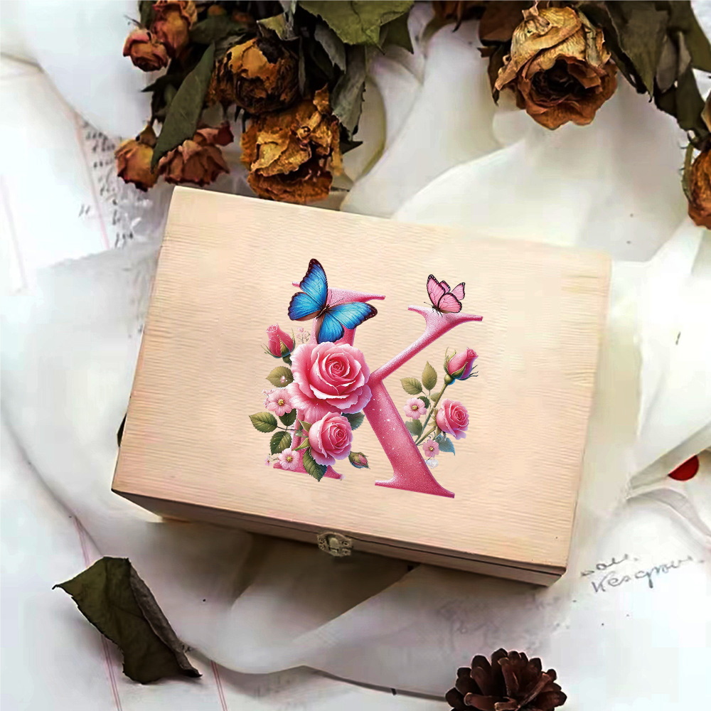 Wooden Storage Box With Hinged Lid Durable Multifunctional Case Crafts Jewelry Boxes For Household Pink Butterfly Letter Pattern: WHITE