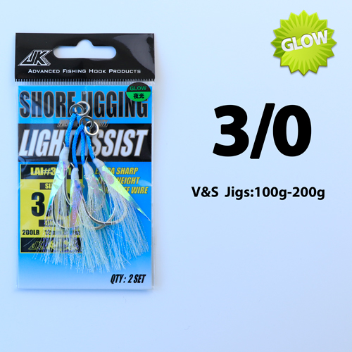 JK Fishing Hooks Sea Glow 1/0 2/0 3/0 4/0 Fish Assist Hook Twins Double Fishery Fishhooks Jig Slow Feather for Fishing Attract: LAI- 3 l 0