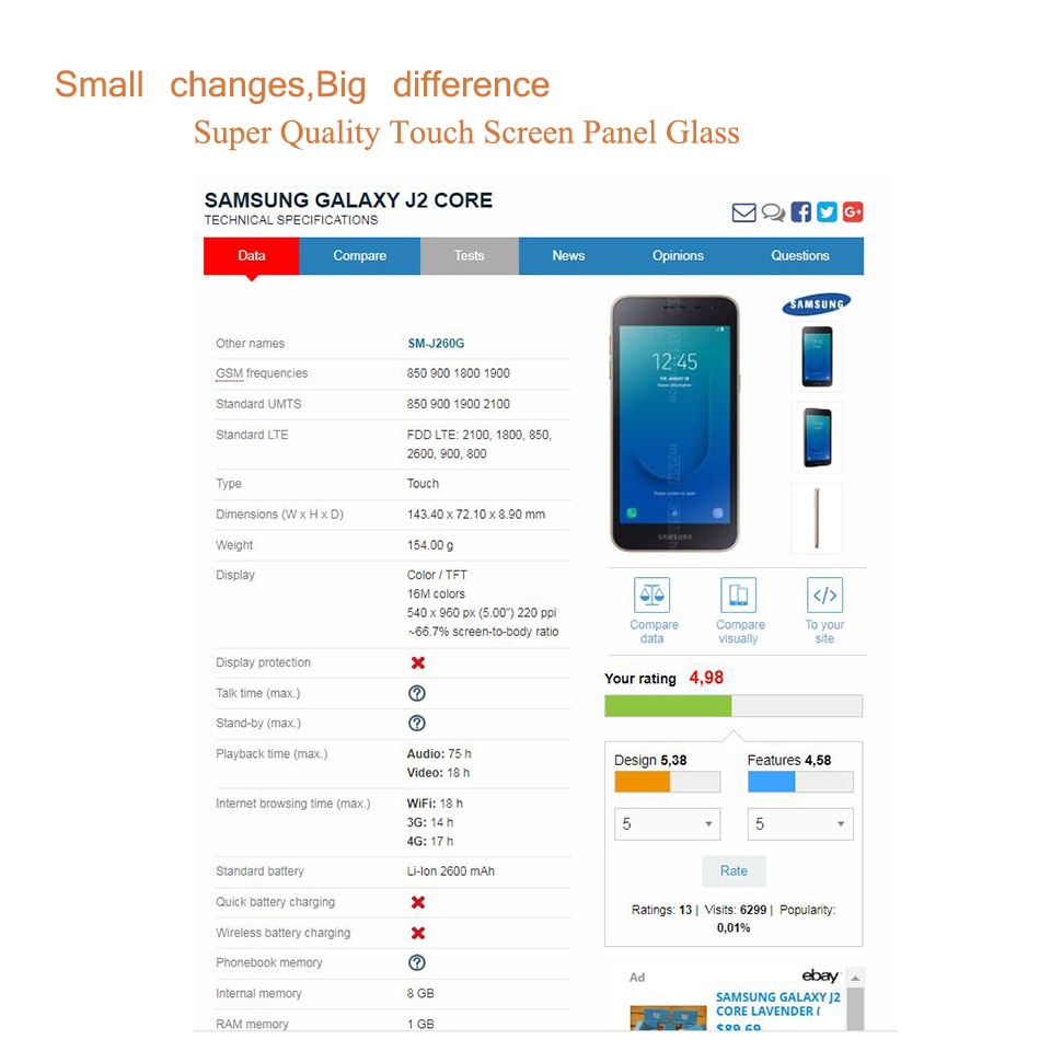 Lente exterior de cristal frontal de pantalla táctil LCD de repuesto para Samsung Galaxy J2 Core J260 J260G J260SM J260G J260F SM-J260F/DS