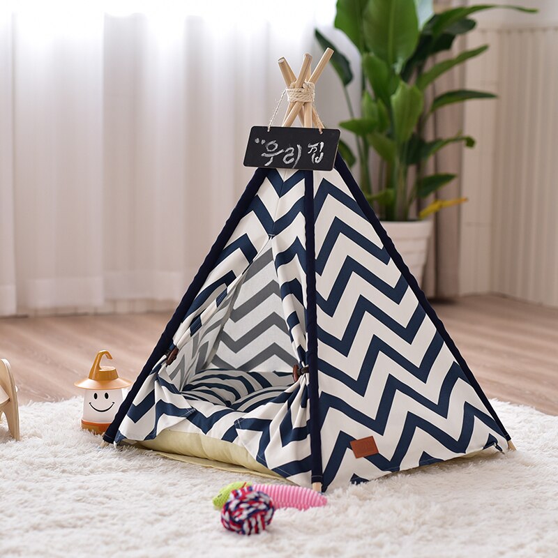 Marineblauwe zigzag huisdier tipi tent katten tipi tent zonder kussen