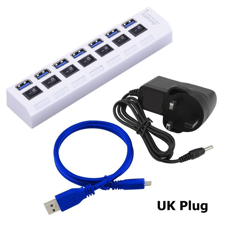 USB 3.0 HUB 4 Port USB HUB USB Splitter Power Adapter with Individual Power Switches for Computer Laptop Accessories HUB USB 3.0: White and UK Adapter