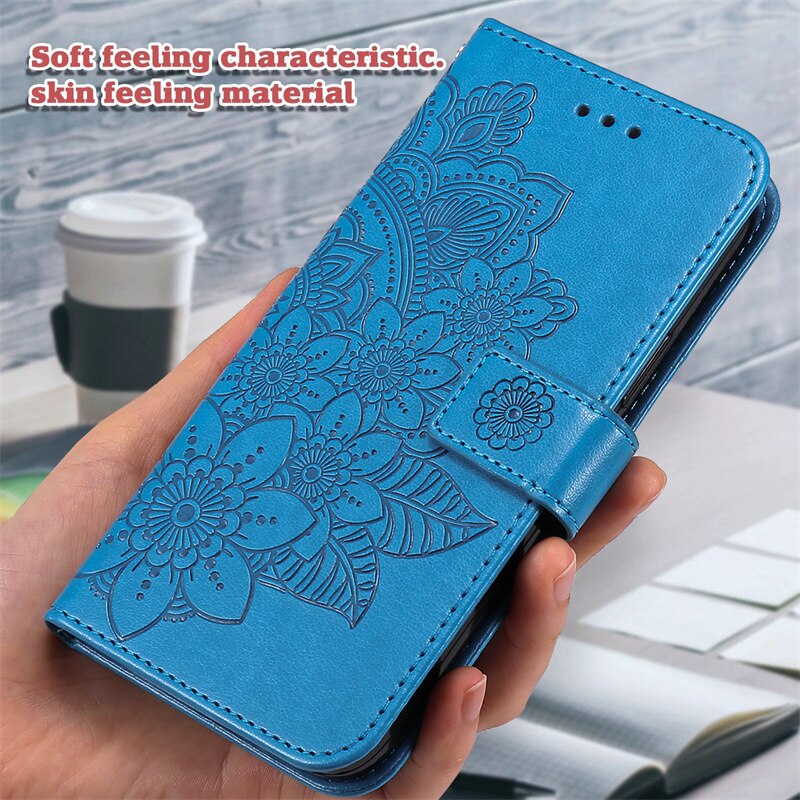 A03 rdzeń etui do Samsung Galaxy A03 rdzeń a03core A03S A 03 S A03 S A 03 S okładka wytłoczony siedmiopłatkowy kwiat klapki kabura Coque: A03 Core / Niebieski