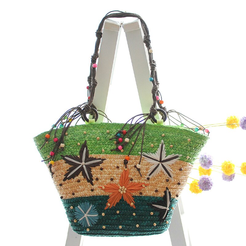 Bohemian hand-embroidered starfish straw bag beaded woven handbag shoulder bag: green
