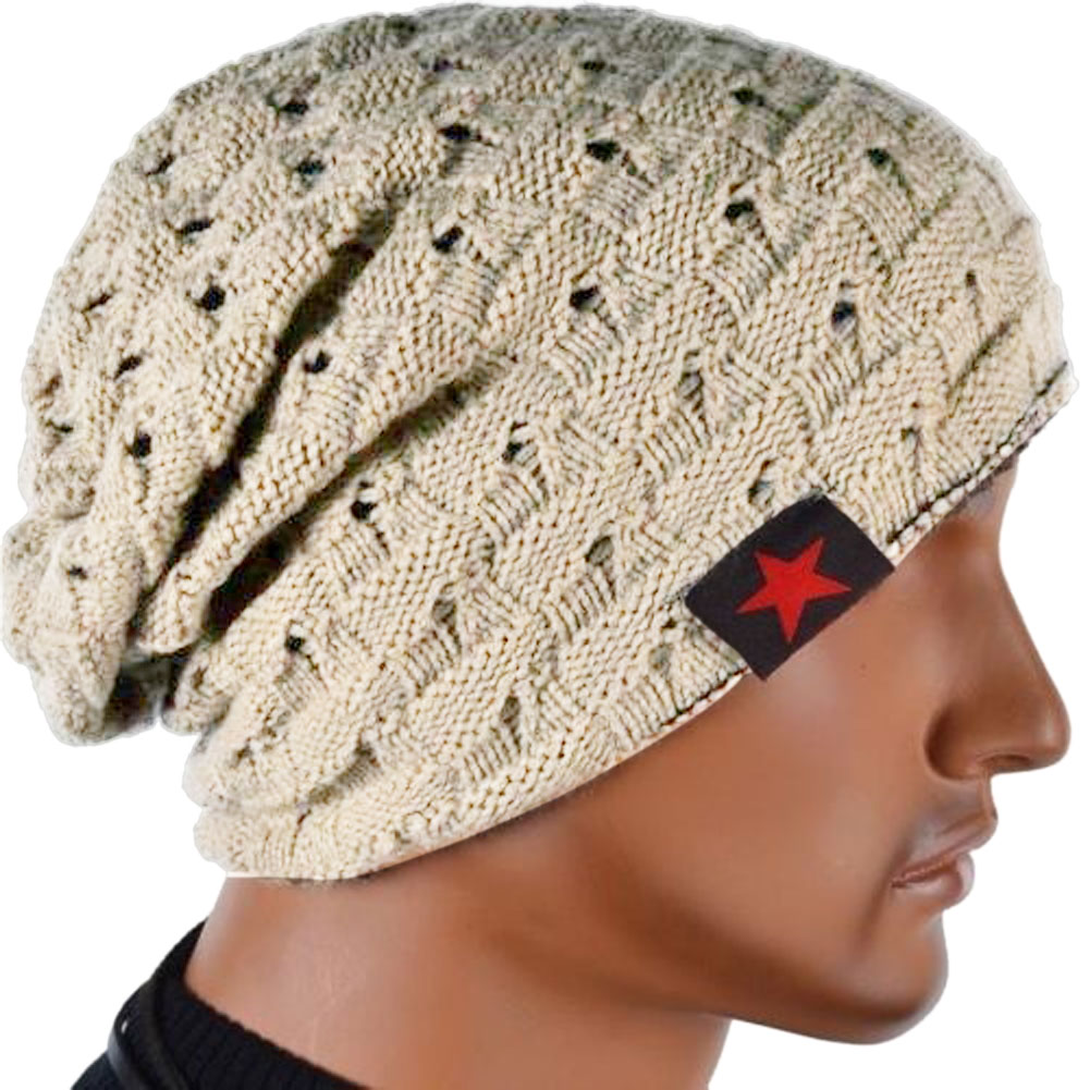 Men Knit Beanie Reversible Baggy Cap Skull Chunky Winter Hat A66: Beige
