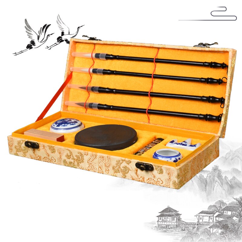 Chinese Traditional Calligraphy Set Scholar&#39;s Four Jewels Regular Script Calligraphy Writing Brushes Set