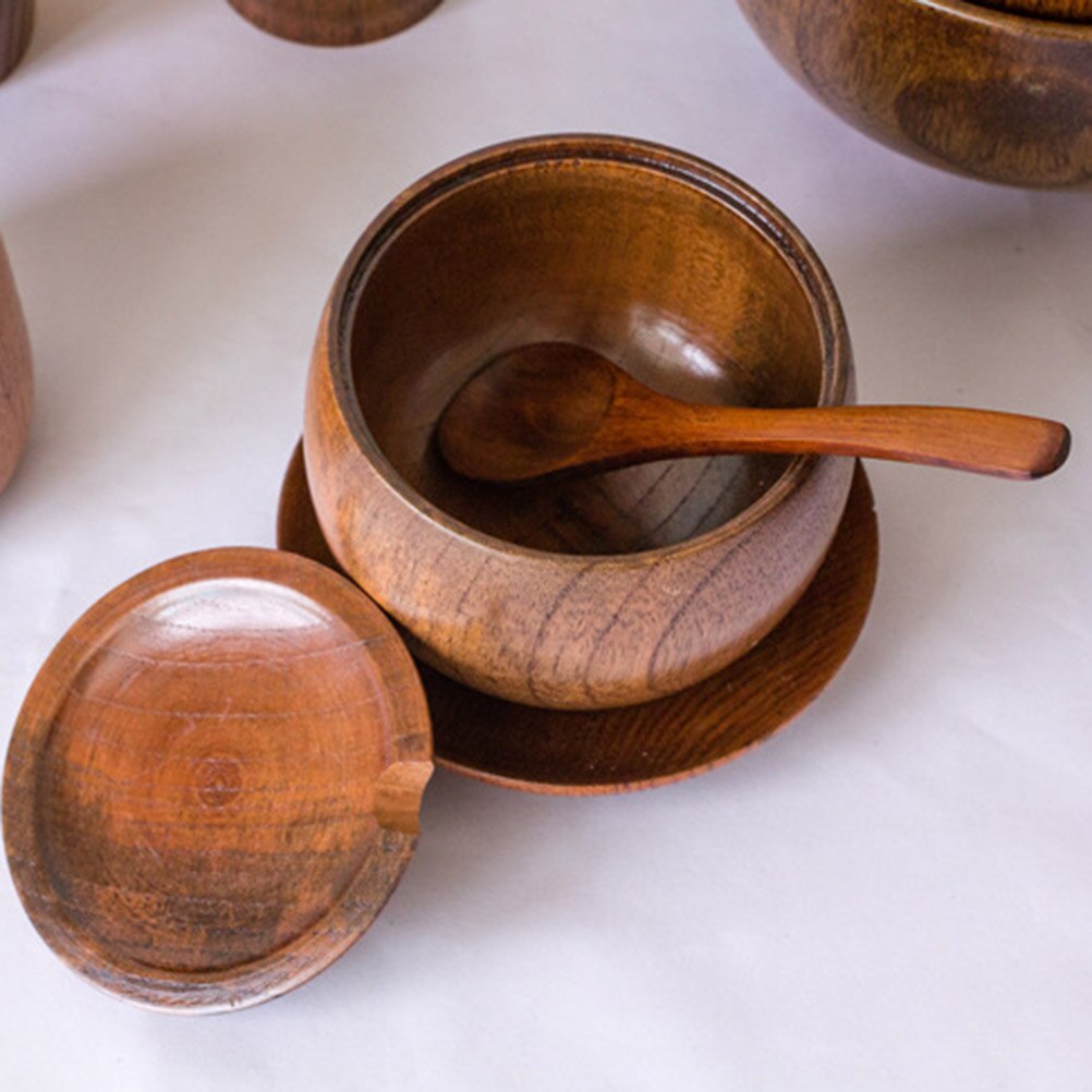 1 Set Wood Seasoning Salt Cans Pot Dish Suits The Kitchen Seasoning Box Salt Pepper Shakers Salt Pigs Wooden Sause Pot