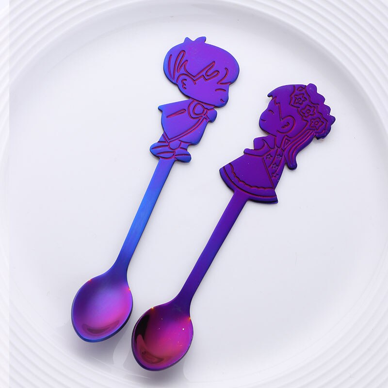 Cucharas de café románticas para pareja, cucharillas de té de colores, cubertería pequeña plateada, cuchara de postre de pastel dorado para I &amp; U, 2 uds.: Dark purple 1 set