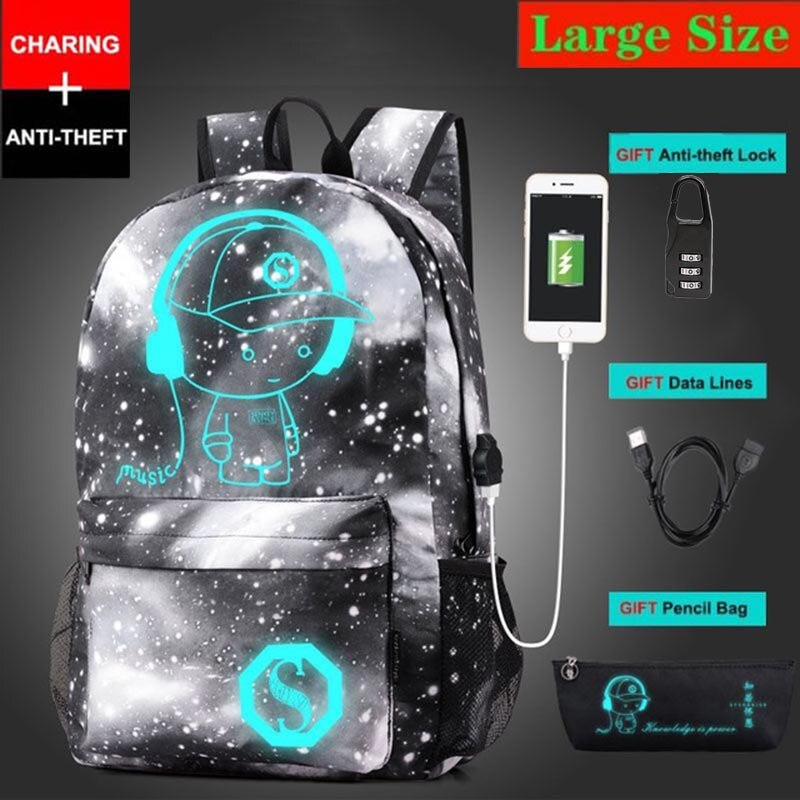 Anti-diefstal tas lichtgevende schooltassen voor jongens meisjes student school rugzak mochila met usb oplaadpoort slot schooltas: Stijl 3 grote maat