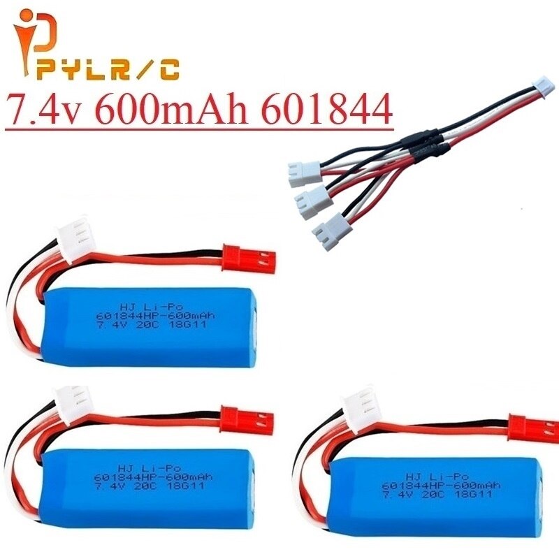 Upgrade 7.4V 600mAh 601844 Lipo Battery with USB charger for WLtoys K969 K979 K989 K999 P929 P939 RC Car Parts 2s 7.4v Battery: 3B C