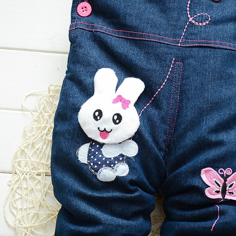 Baby girl overalls våren spedbarn bomull jeans kanin rompers bebes tegneserie klær småbarn denim bukser jumpsuit barneklær