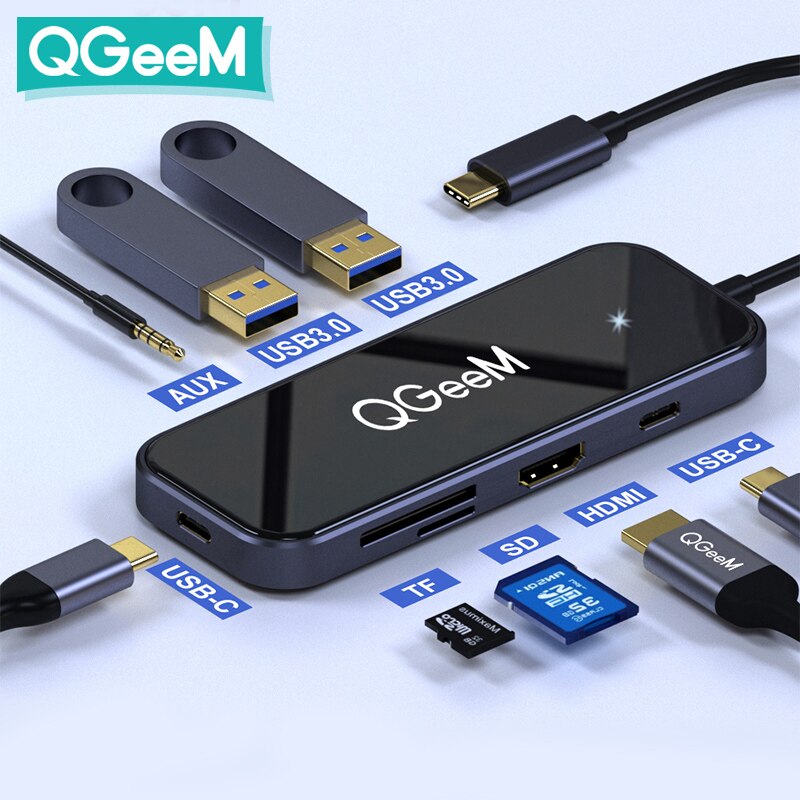 QGeeM USB C Hub voor Macbook Pro Air Triple Display Type C Hub naar Dual 4K HDMI & DP SD Micro SD-kaartlezers RJ45 Aux PD-oplader OTG Multi USB Hub Type C Dock 3.0 Adapter Splitter voor Notebook Laptops PC-accessoires: 8 Ports Glass Alu