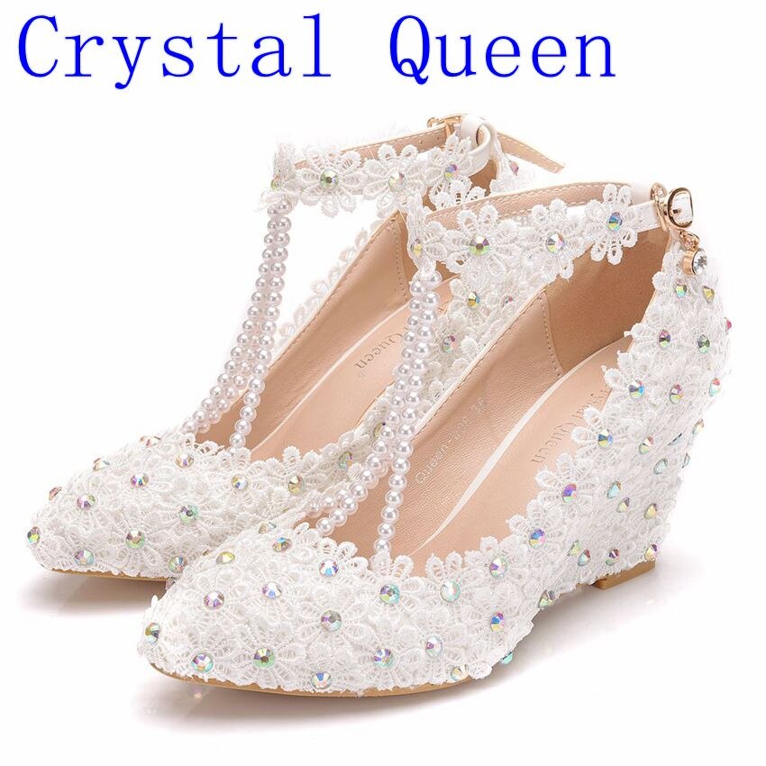 Crystal Queen White Flower Woman Wedding Shoes Lace Pearl High Heels Sweet Bride Dress Shoes Beading Wedges heels Pumps