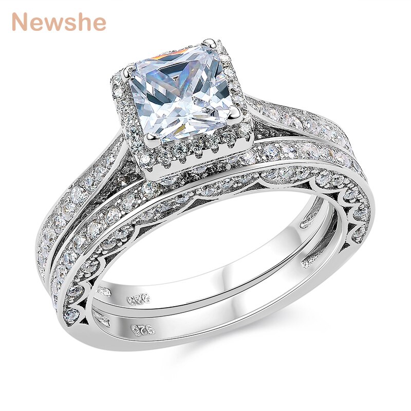 Newshe 2Pcs Echtes 925 Sterling Silber Hochzeit Ring Set Klassische Schmuck 1,5 Ct Prinzessin Cut AAAAA CZ Engagement Ringe für Frauen