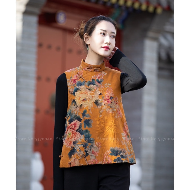 Vrouwen Traditionele Chinese Stijl Vest Mode Oosterse Kleding Retro Print Qipao Tops Elegante Vesten Mouwloze Hanfu Jassen