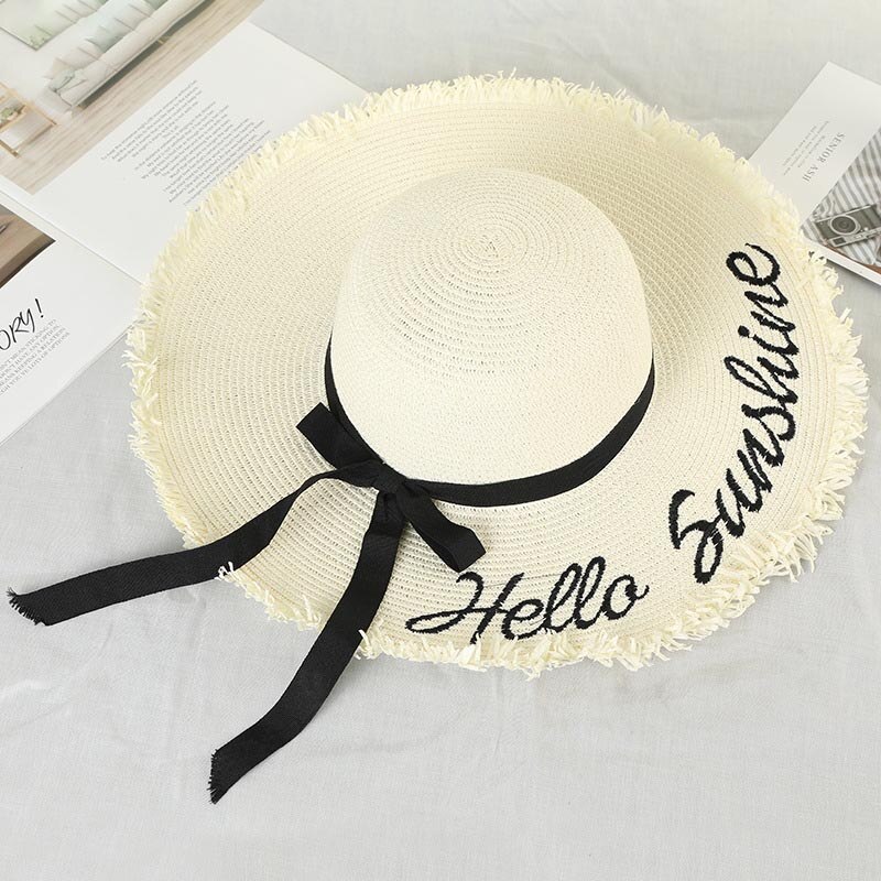 Weave Sun Hats Straw Hat Black Ribbon Tie Up Caps for Women Summer Beach Outdoor ZJ55
